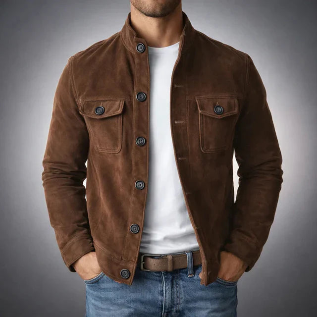 Men's Faux Leather Jacket with Stand Collar and Chest Pockets