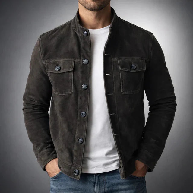 Men's Faux Leather Jacket with Stand Collar and Chest Pockets