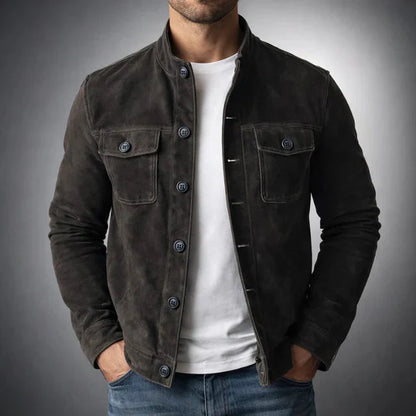 Men's Faux Leather Jacket with Stand Collar and Chest Pockets