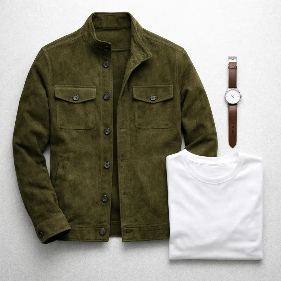 Men's Faux Leather Jacket with Stand Collar and Chest Pockets
