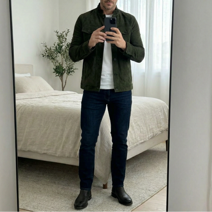 Men's Faux Leather Jacket with Stand Collar and Chest Pockets