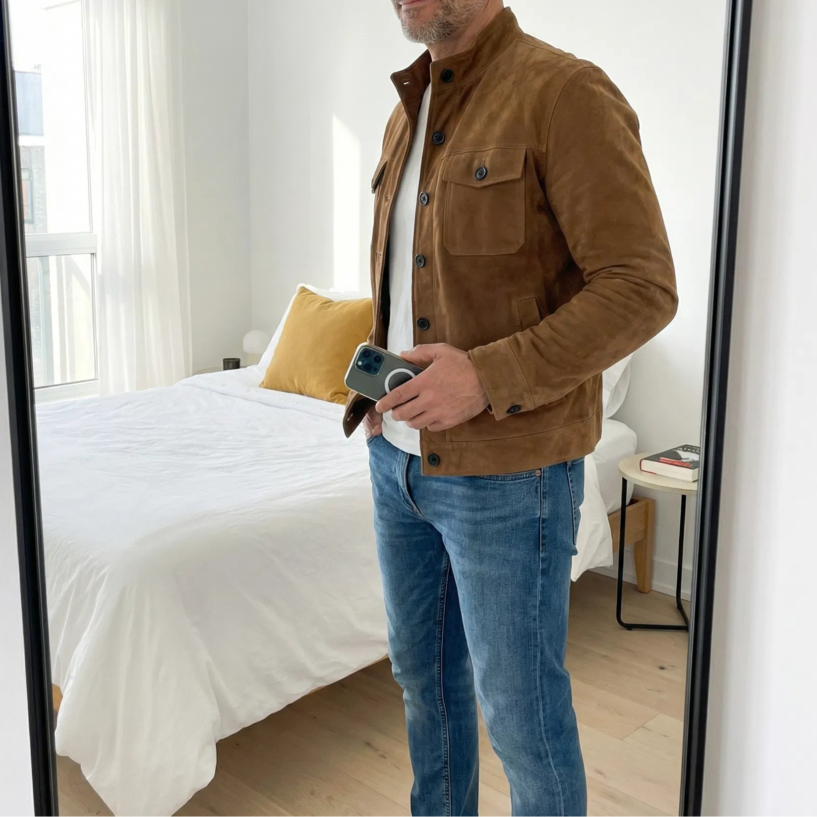 Men's Faux Leather Jacket with Stand Collar and Chest Pockets