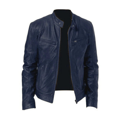 Men's Faux Leather Moto Jacket with Stand Collar and Zip Pockets