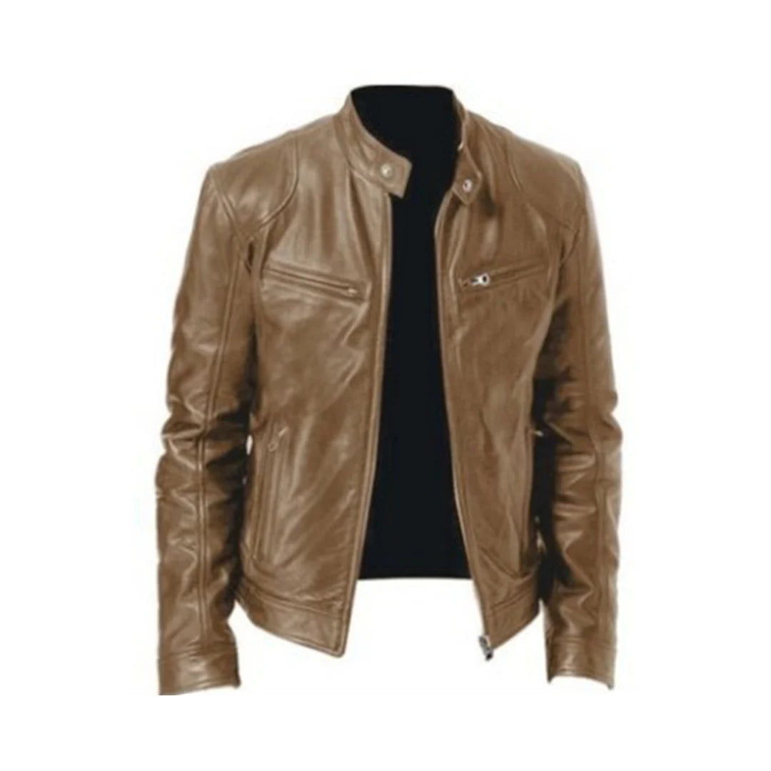 Men's Faux Leather Moto Jacket with Stand Collar and Zip Pockets