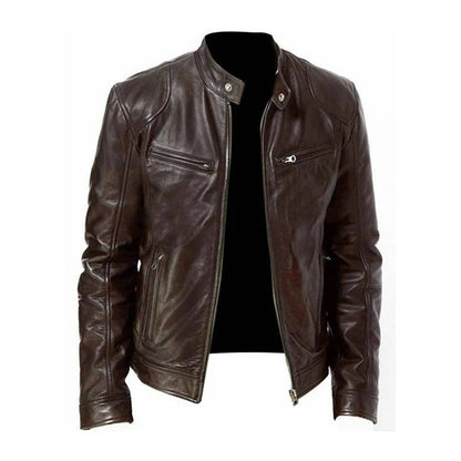 Men's Faux Leather Moto Jacket with Stand Collar and Zip Pockets