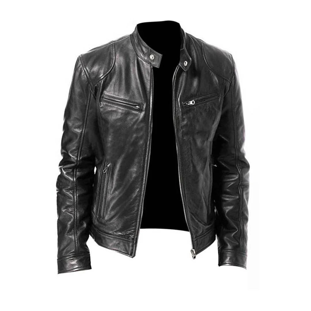 Men's Faux Leather Moto Jacket with Stand Collar and Zip Pockets