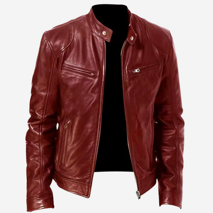 Men's Faux Leather Moto Jacket with Stand Collar and Zip Pockets