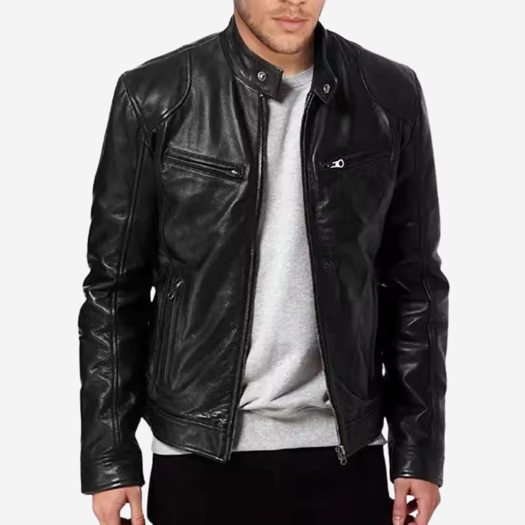Men's Faux Leather Moto Jacket with Stand Collar and Zip Pockets