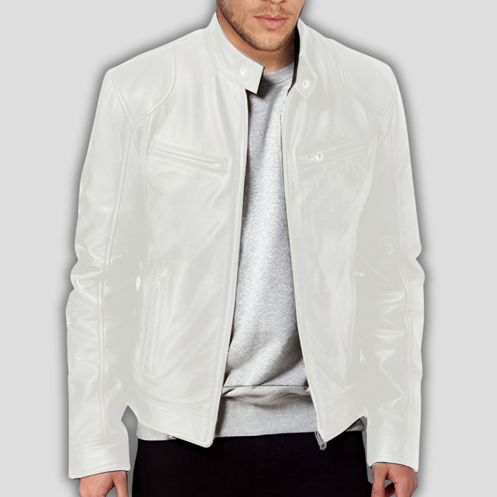 Men's Faux Leather Moto Jacket with Stand Collar and Zip Pockets