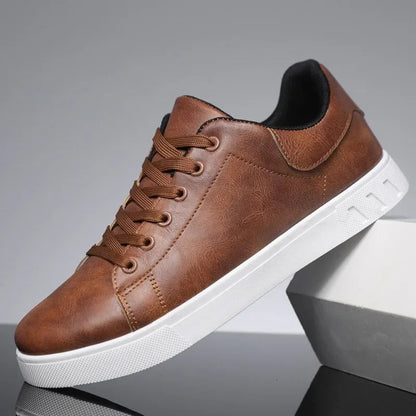 Men's Faux Leather Sneakers with Lace-Up Closure and White Sole