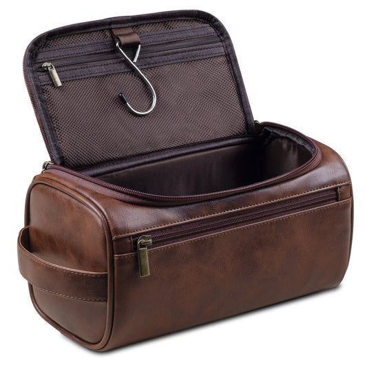 Men's Faux Leather Toiletry Bag with Hanging Hook and Multiple Compartments