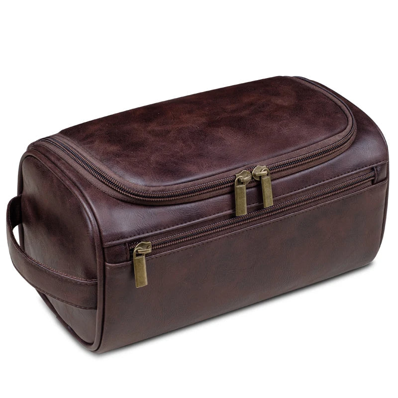Men's Faux Leather Toiletry Bag with Hanging Hook and Multiple Compartments