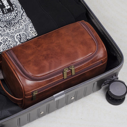 Men's Faux Leather Toiletry Bag with Hanging Hook and Multiple Compartments