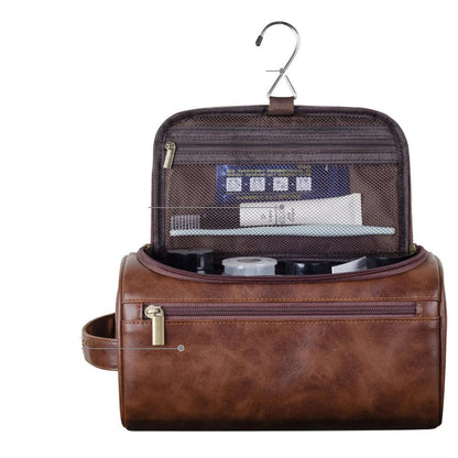 Men's Faux Leather Toiletry Bag with Hanging Hook and Multiple Compartments