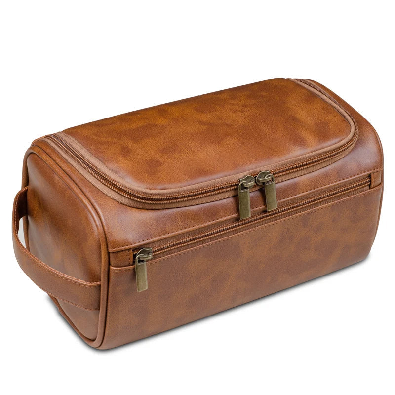 Men's Faux Leather Toiletry Bag with Hanging Hook and Multiple Compartments