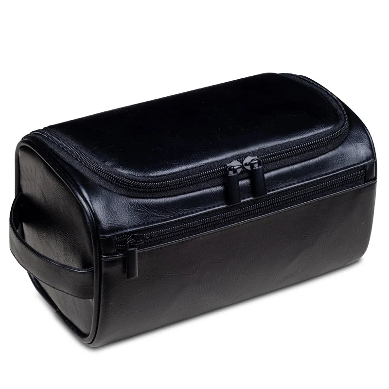 Men's Faux Leather Toiletry Bag with Hanging Hook and Multiple Compartments