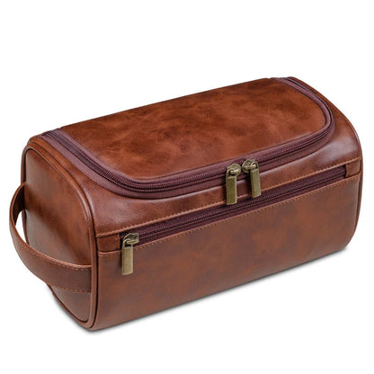 Men's Faux Leather Toiletry Bag with Hanging Hook and Multiple Compartments