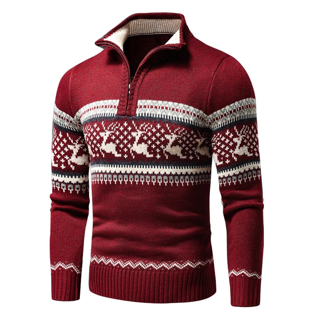 Men's Festive Half-Zip Sweater with Stand Collar and Reindeer Pattern