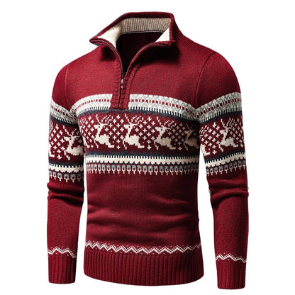 Men's Festive Half-Zip Sweater with Stand Collar and Reindeer Pattern