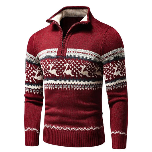 Men's Festive Half-Zip Sweater with Stand Collar and Reindeer Pattern