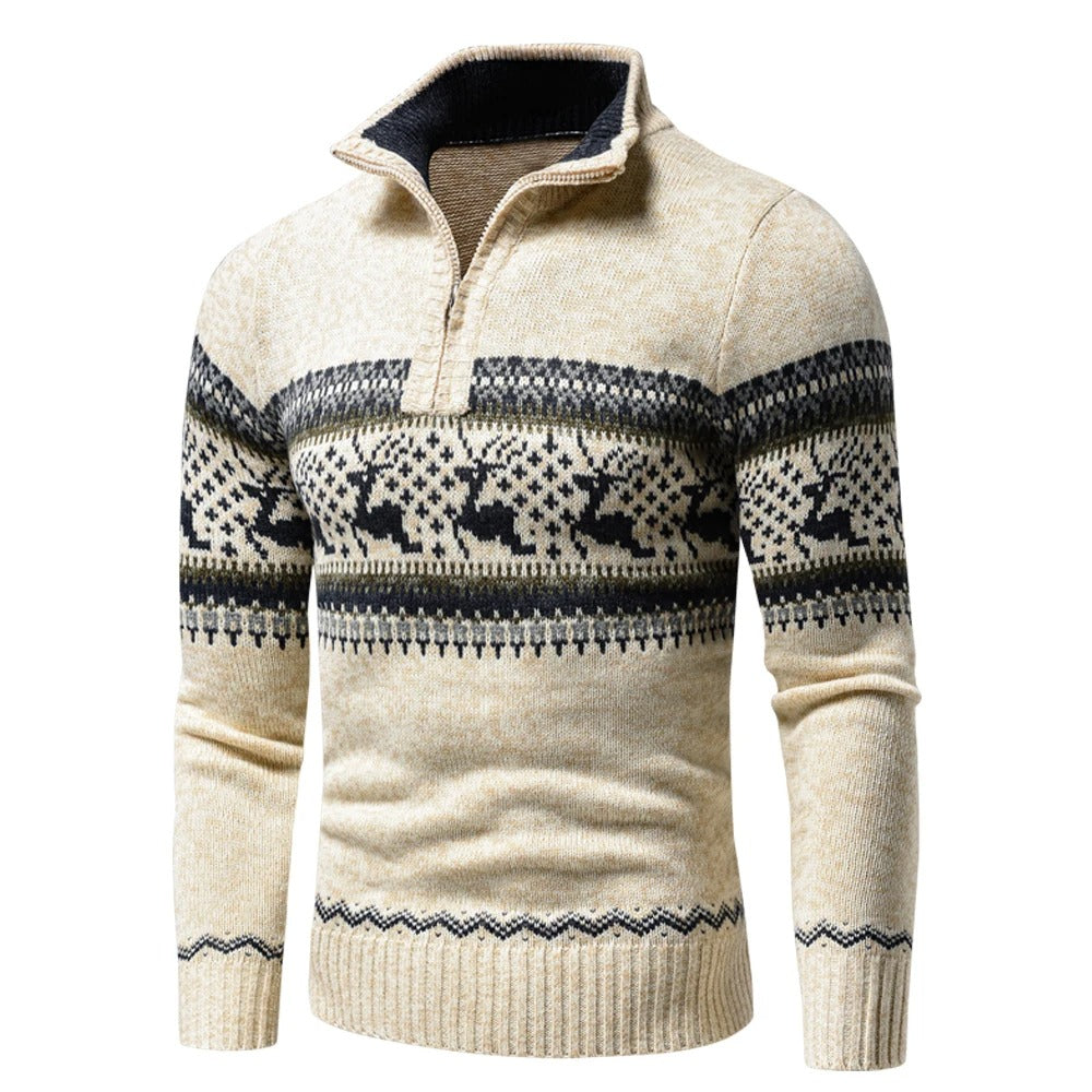 Men's Festive Half-Zip Sweater with Stand Collar and Reindeer Pattern