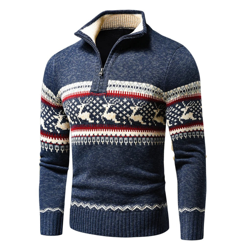 Men's Festive Half-Zip Sweater with Stand Collar and Reindeer Pattern