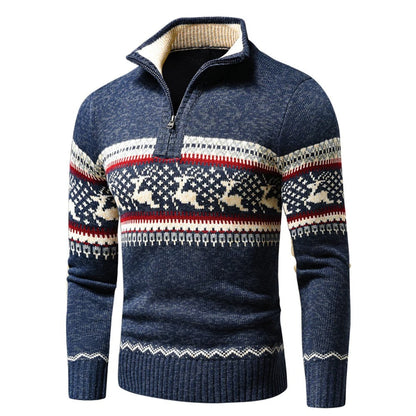 Men's Festive Half-Zip Sweater with Stand Collar and Reindeer Pattern