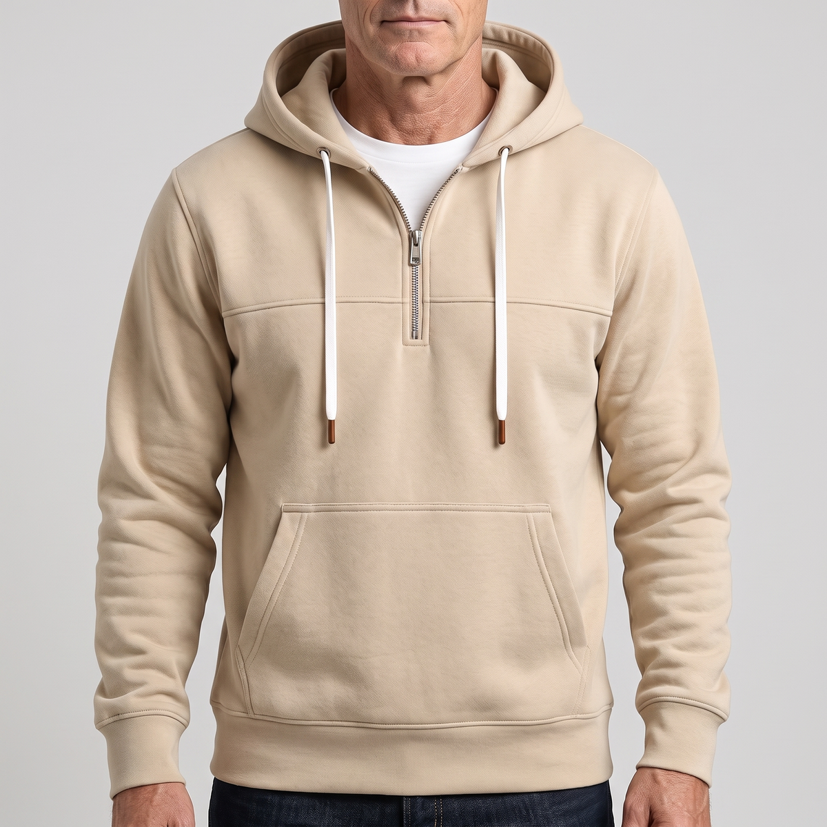 Men's Fleece Hoodie with Quarter Zip and Hood with Drawstring