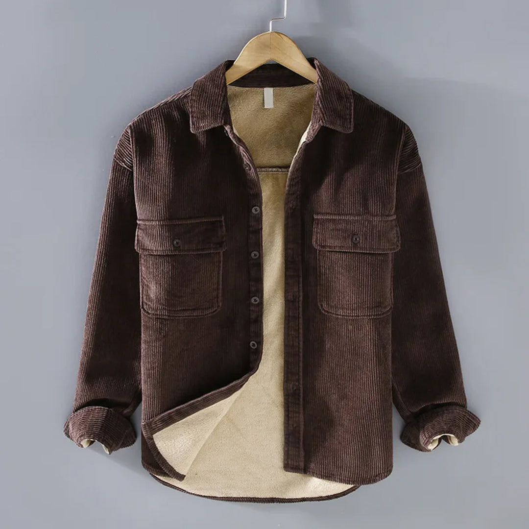 Men's Fleece-Lined Button-Up Shirt Jacket with Chest Pockets