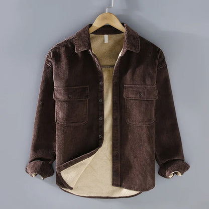 Men's Fleece-Lined Button-Up Shirt Jacket with Chest Pockets