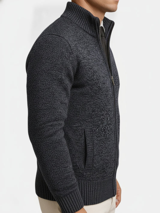Men's Full-Zip Cardigan with Stand Collar and Long Sleeves