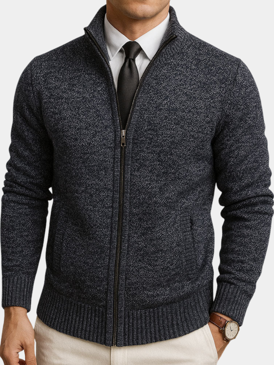 Men's Full-Zip Cardigan with Stand Collar and Long Sleeves