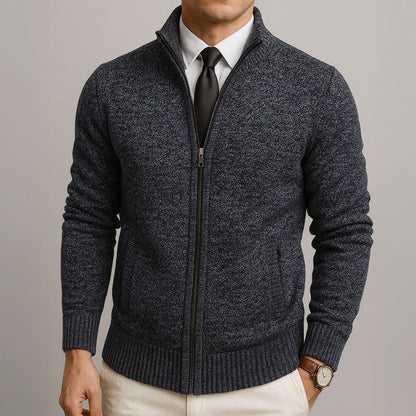 Men's Full-Zip Cardigan with Stand Collar and Long Sleeves
