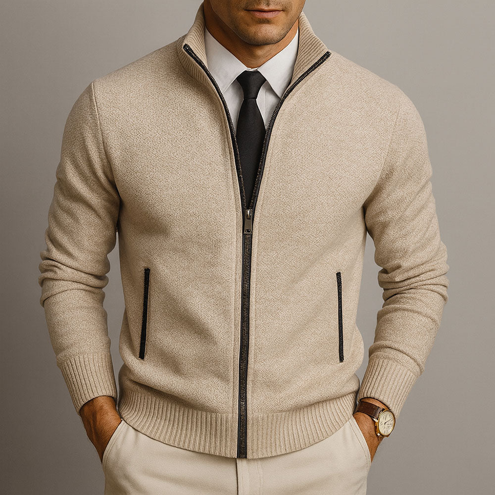 Men's Full-Zip Cardigan with Stand Collar and Long Sleeves