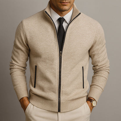 Men's Full-Zip Cardigan with Stand Collar and Long Sleeves