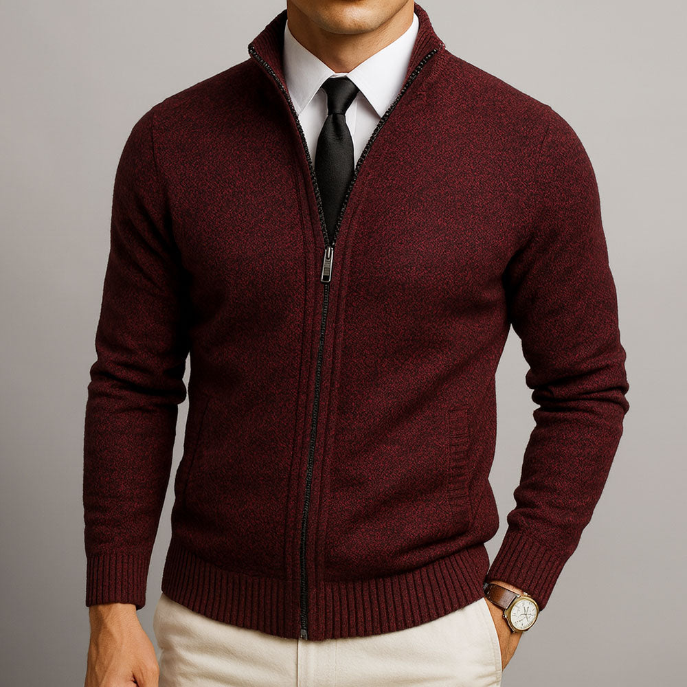 Men's Full-Zip Cardigan with Stand Collar and Long Sleeves