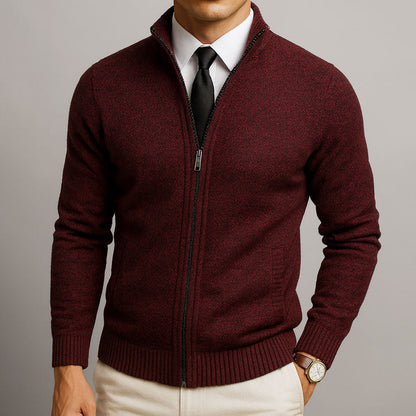 Men's Full-Zip Cardigan with Stand Collar and Long Sleeves