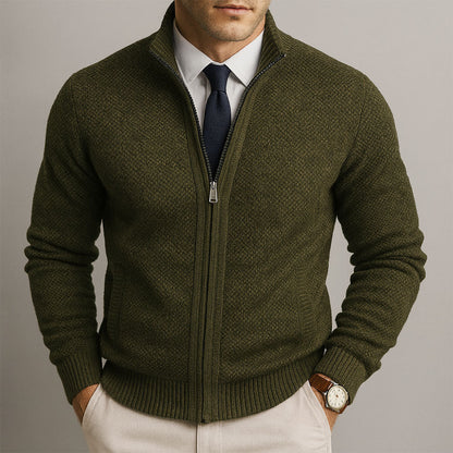 Men's Full-Zip Cardigan with Stand Collar and Long Sleeves