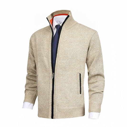 Men's Full-Zip Cardigan with Stand Collar and Side Pockets