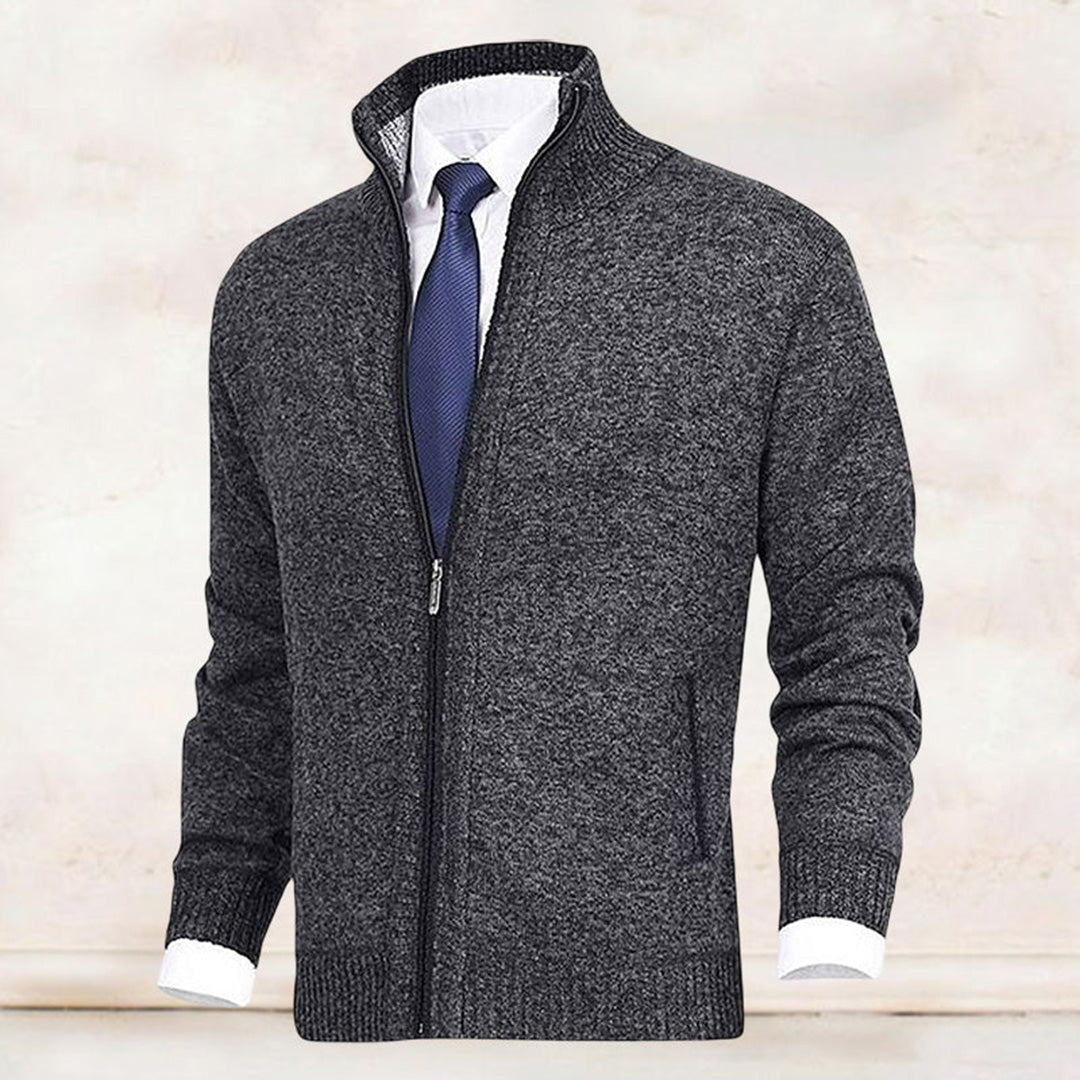 Men's Full-Zip Cardigan with Stand Collar and Side Pockets