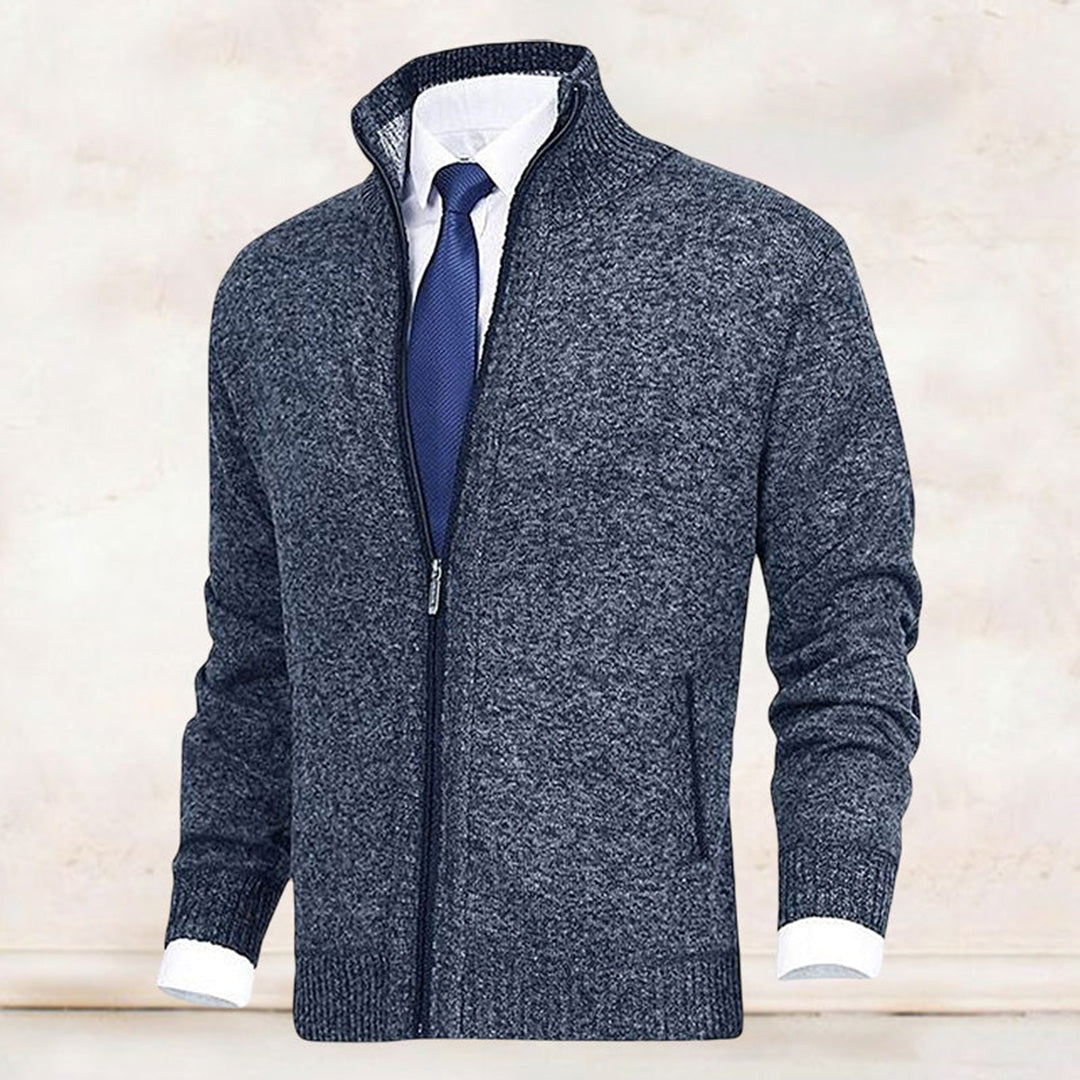 Men's Full-Zip Cardigan with Stand Collar and Side Pockets