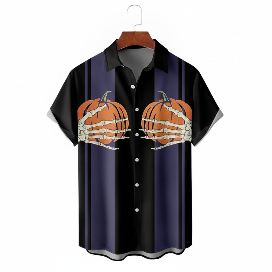 Men's Halloween Short Sleeve Shirt with Turn-Down Collar and Button Closure