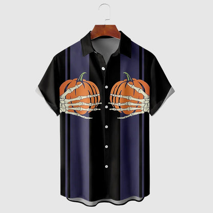 Men's Halloween Short Sleeve Shirt with Turn-Down Collar and Button Closure