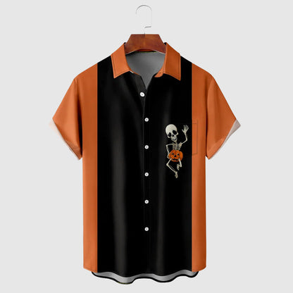 Men's Halloween Short Sleeve Shirt with Turn-Down Collar and Button Closure