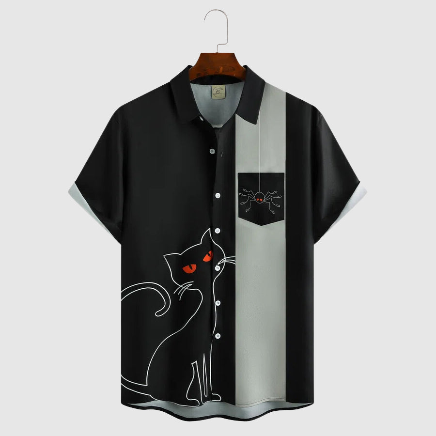 Men's Halloween Short Sleeve Shirt with Turn-Down Collar and Button Closure