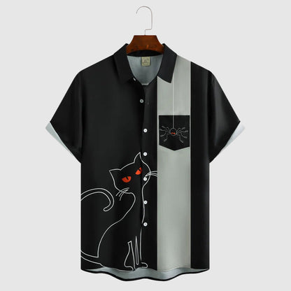 Men's Halloween Short Sleeve Shirt with Turn-Down Collar and Button Closure