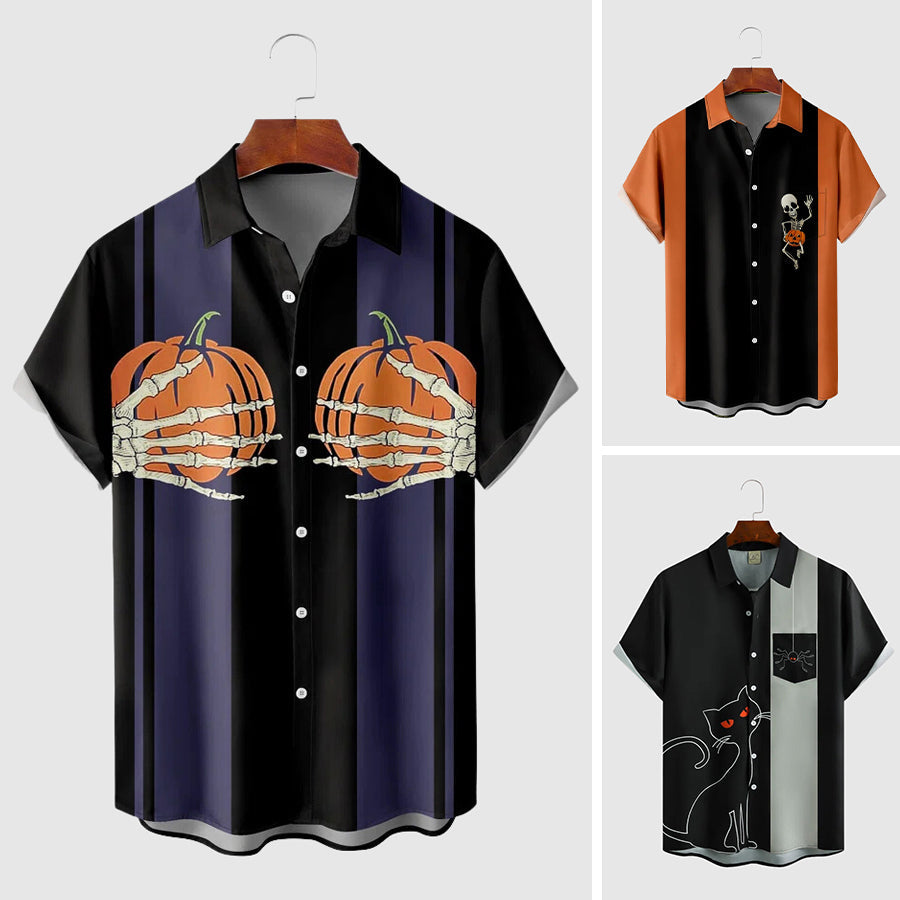 Men's Halloween Short Sleeve Shirt with Turn-Down Collar and Button Closure