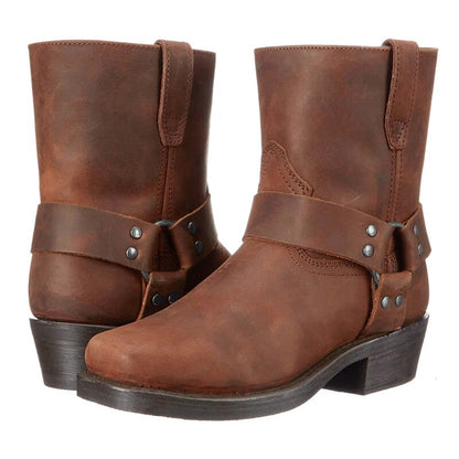 Men's Harness Ankle Boots with Square Toe and Stud Detail