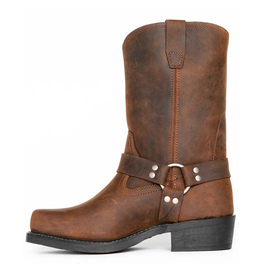 Men's Harness Biker Boots with Square Toe and Block Heel