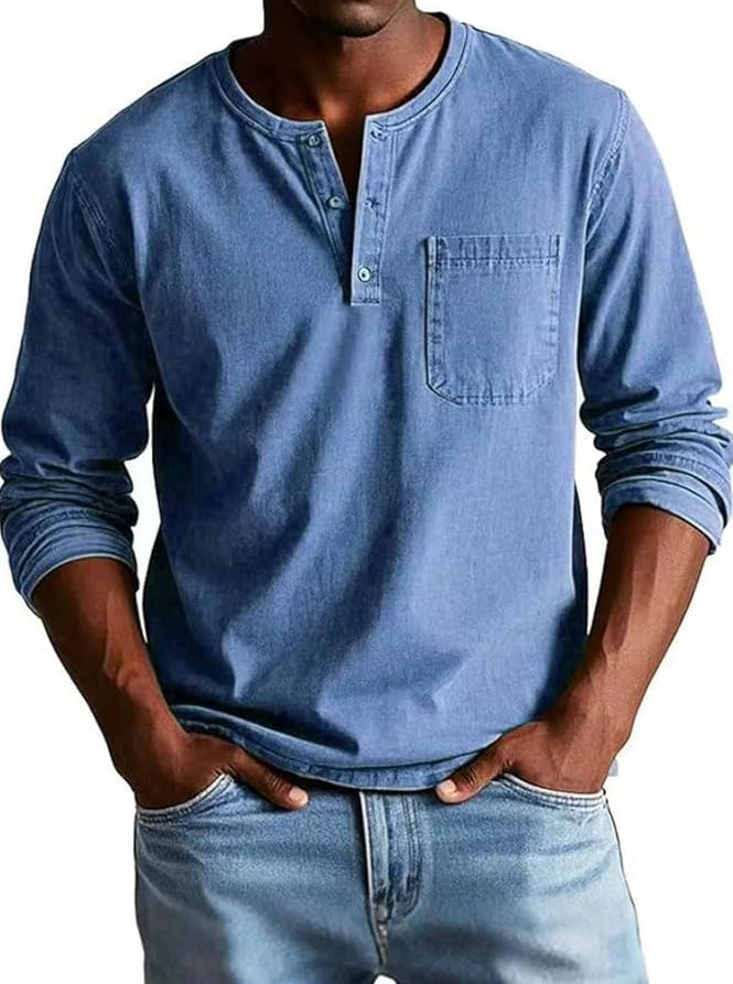 Men's Henley Shirt Long Sleeve with Chest Pocket and Button Placket